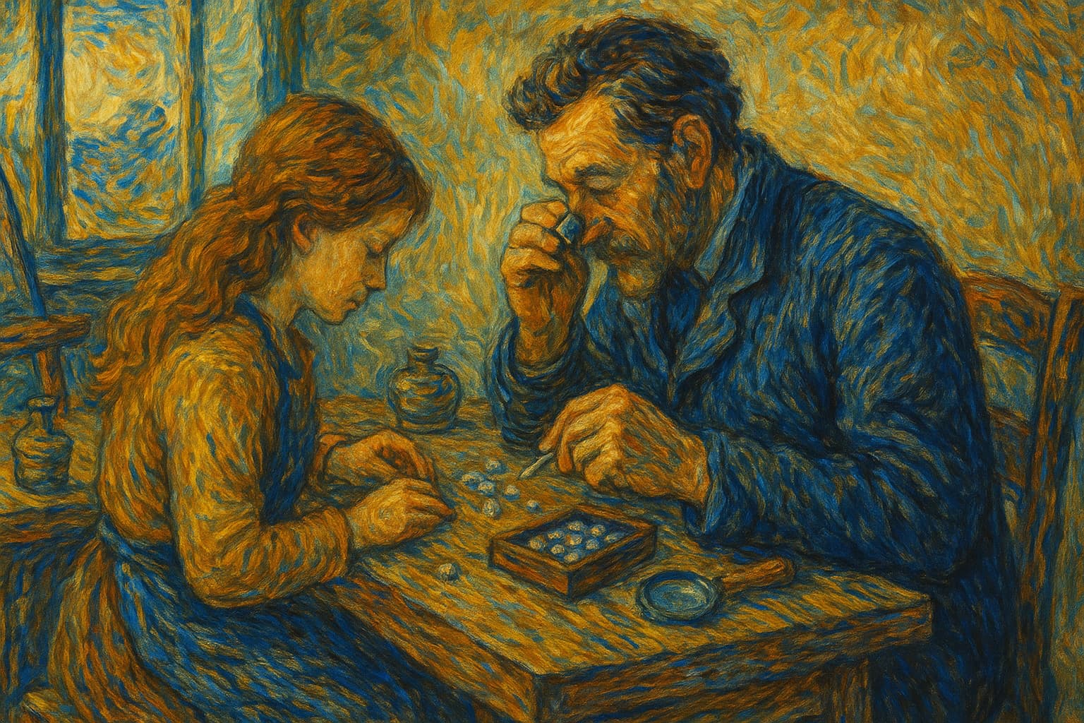 Close-up of artisan hands setting a diamond into a gold ring on a wooden bench, impressionist texture.