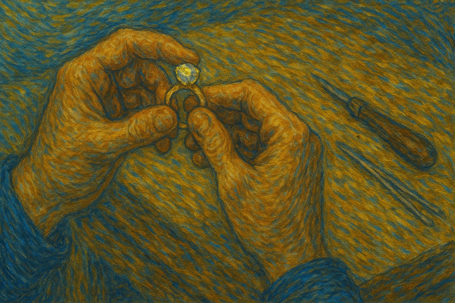 Woman viewing an engagement ring in an online storefront on a laptop, warm blue-gold palette, Van Gogh-inspired.