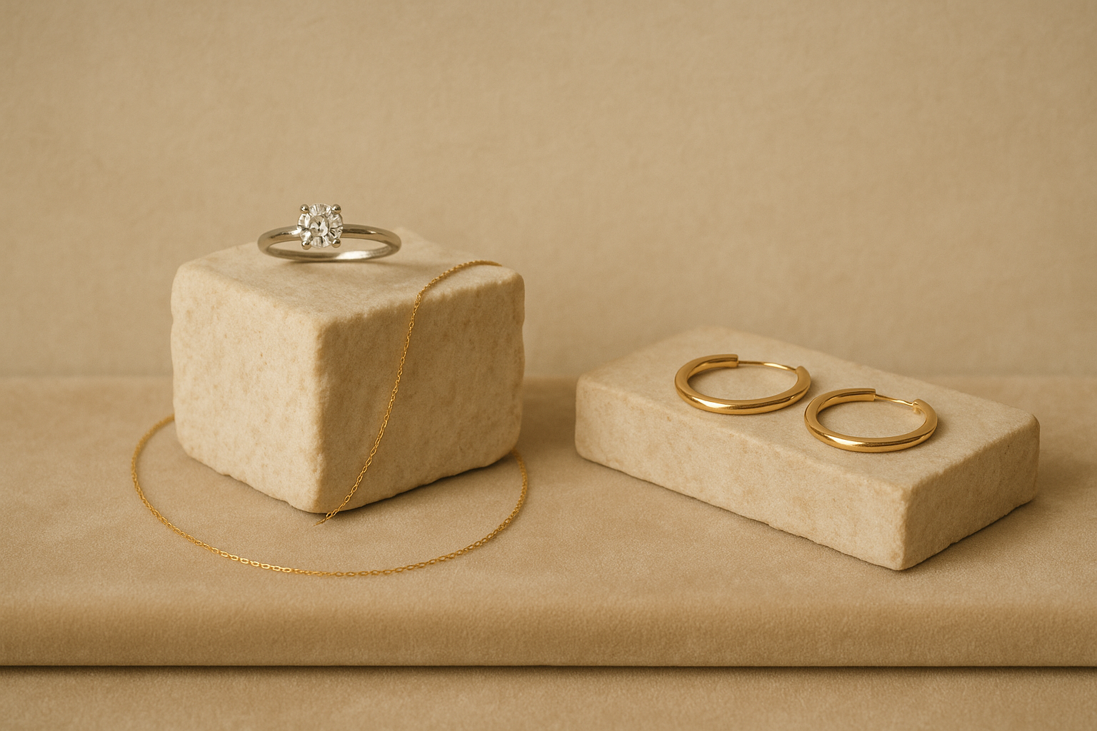 Minimalist display of white gold diamond ring, yellow gold necklace and gold hoop earrings on soft neutral background