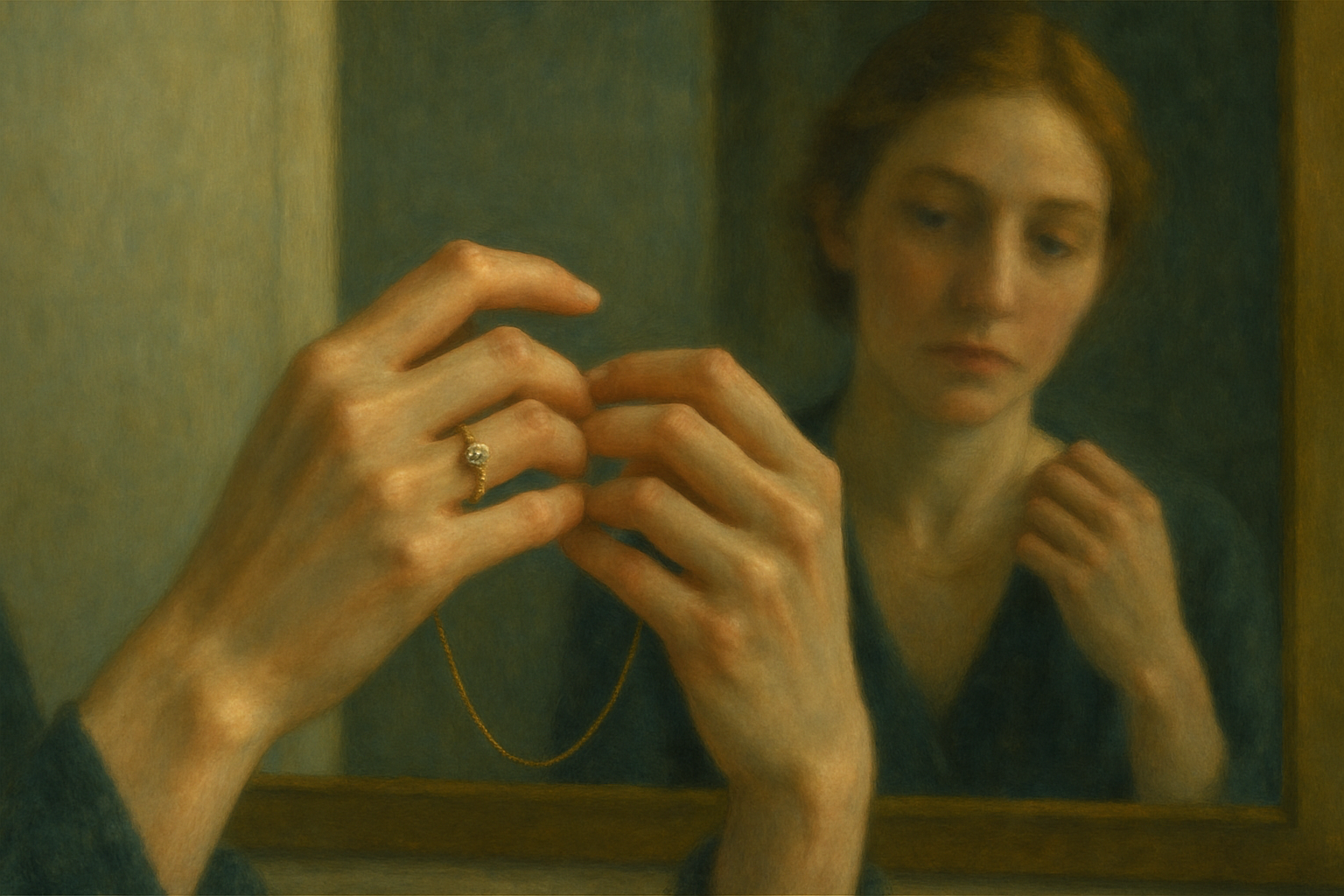 Woman trying on delicate diamond ring and fine gold necklace in front of a softly lit mirror